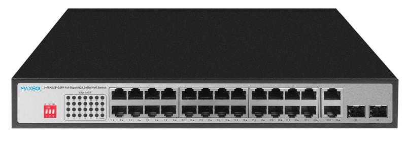 Maxsol PS12402FG PoE-Switch mit 24 Gigabit-PoE-Ports sowie RJ45- und SFP-Uplinks