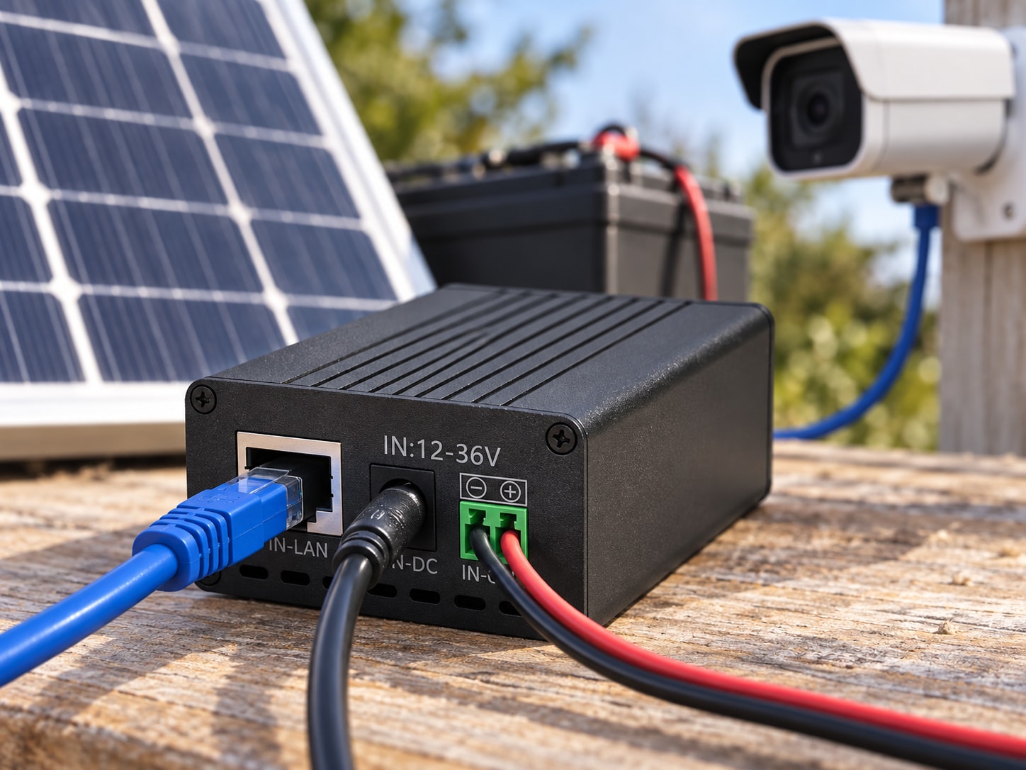 Maxsol POE24V DC-zu-PoE-Wandler mit Ethernet-Anschlüssen und LCD-Spannungsanzeige