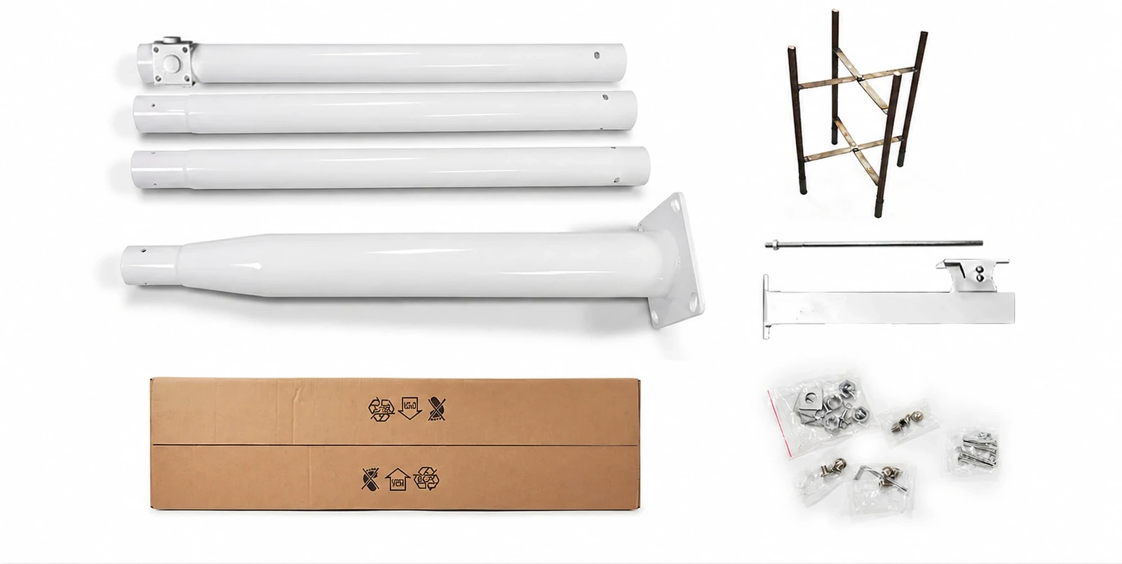 Modulare Mastsegmente, Ankerkorb, Befestigungsmaterial und Transportverpackung